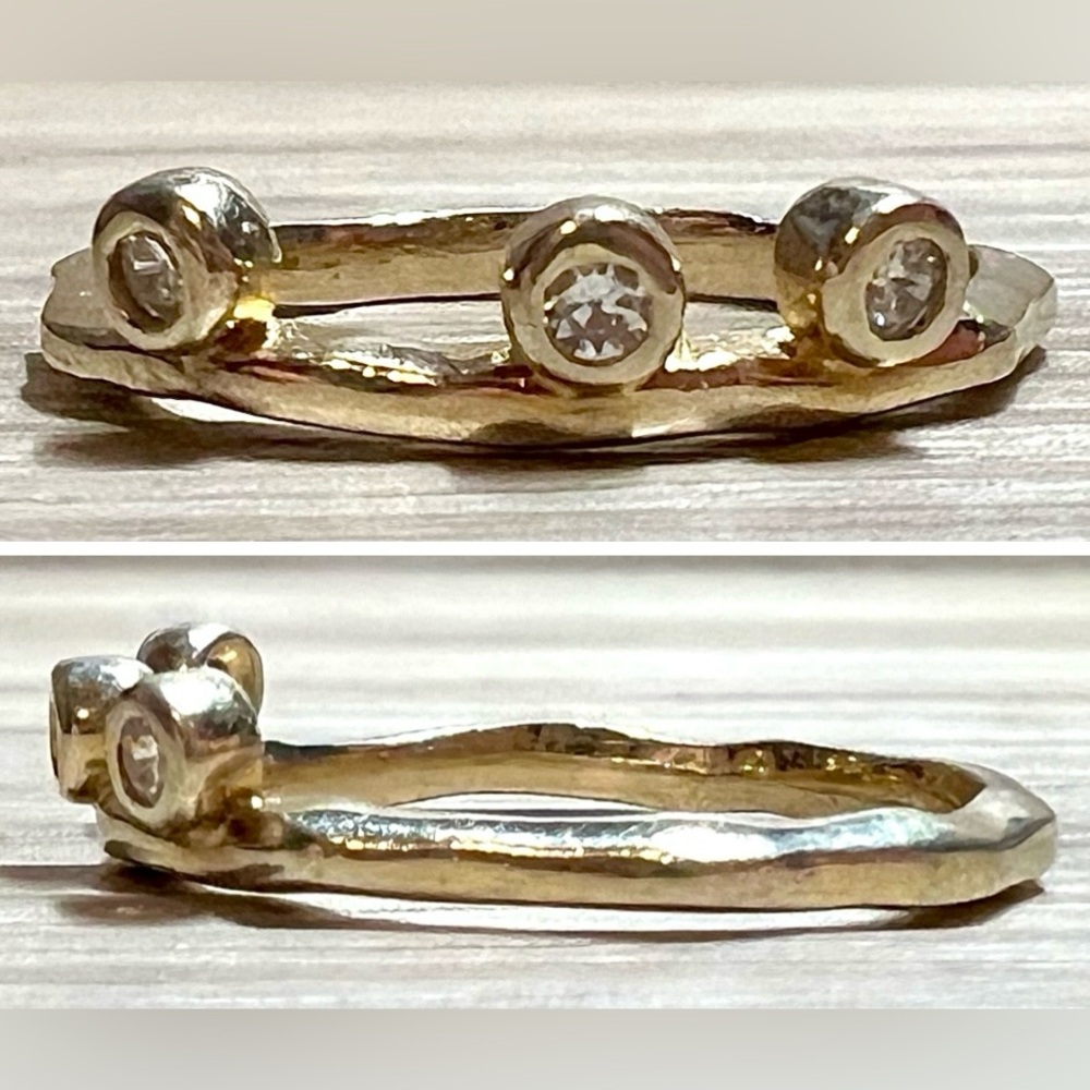 Vintage Modernist Gold Over Sterling Bezel Set Triple Stone Ring, Size 6.75